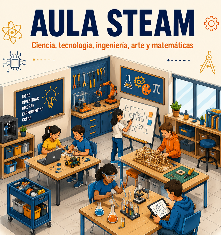 Aula STEAM con estudiantes investigando, experimentando y construyendo prototipos