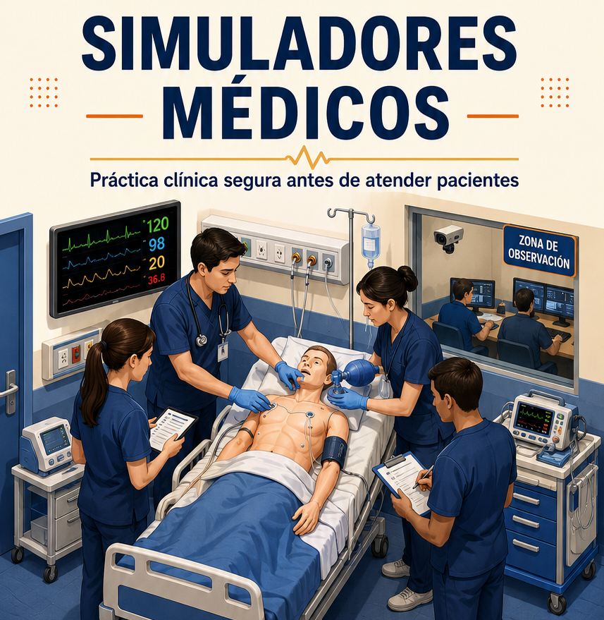 Sala de simulación clínica con estudiantes atendiendo un maniquí de alta fidelidad