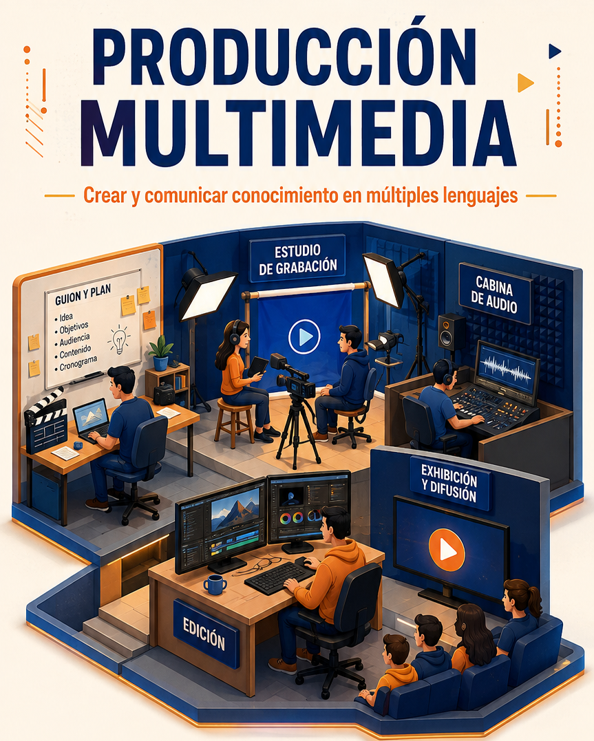 Espacio de producción multimedia con estudio, audio, edición y exhibición