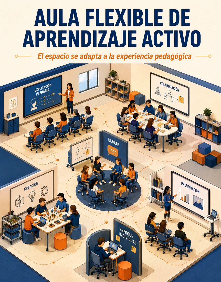 Aula flexible con zonas para colaboración, debate, creación y trabajo individual