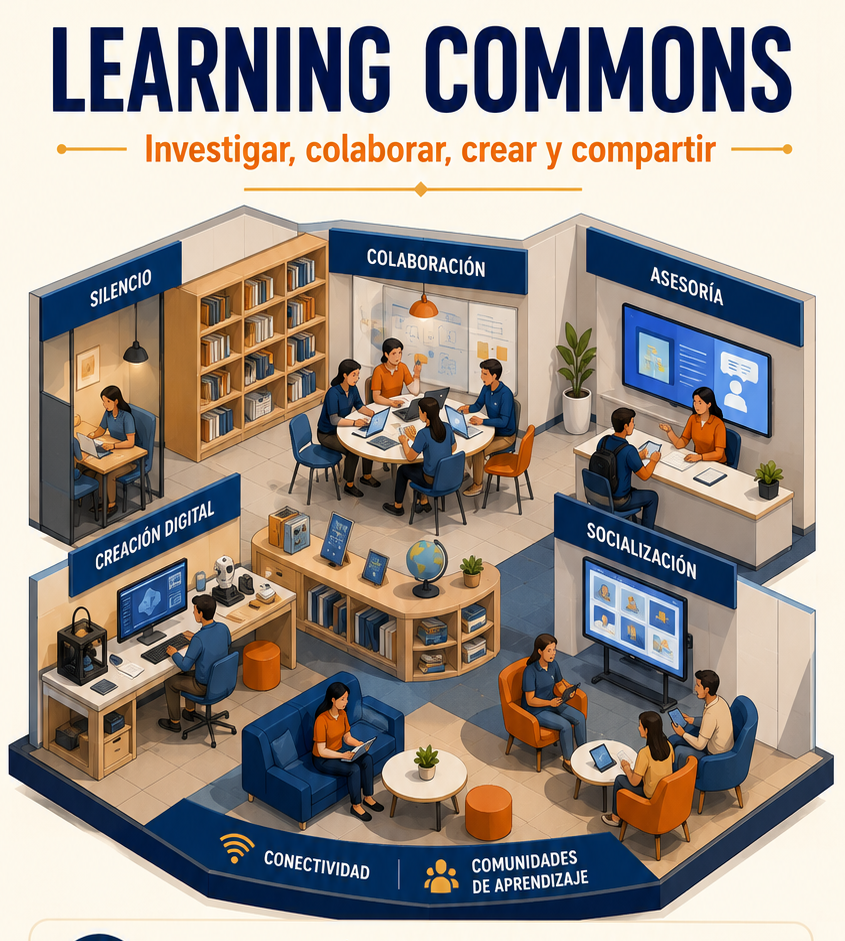 Learning Commons con zonas de silencio, colaboración, asesoría y creación digital