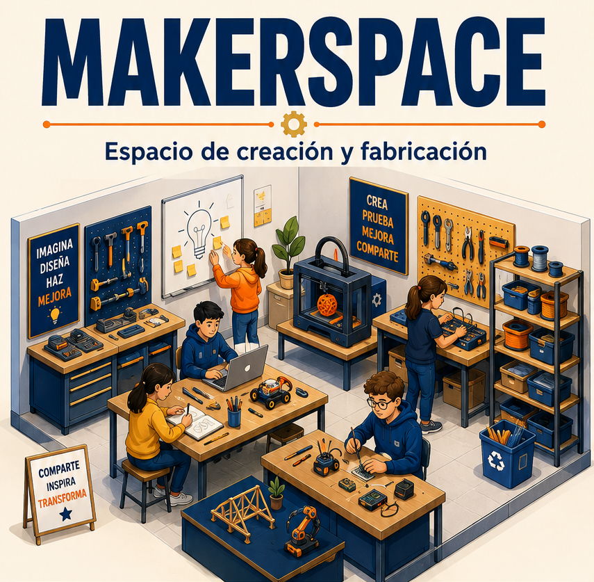 Makerspace educativo con estudiantes diseñando y fabricando prototipos