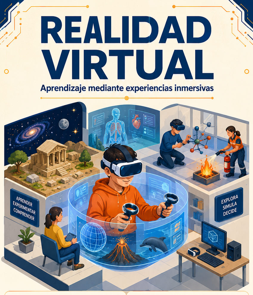 Aula de realidad virtual con estudiantes utilizando visores inmersivos