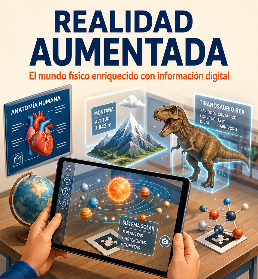 Experiencia educativa de realidad aumentada con tableta y modelos tridimensionales