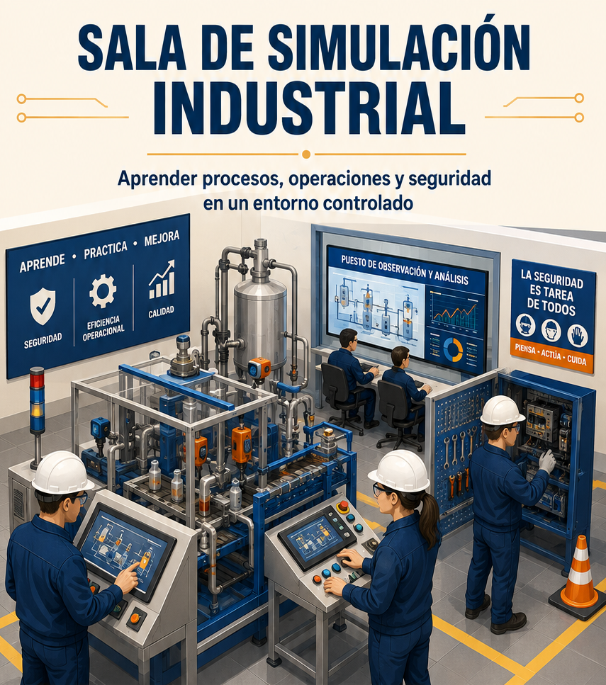 Sala de simulación industrial con estudiantes operando equipos y sistemas de control